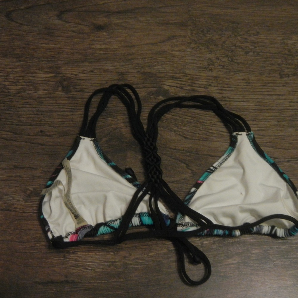 PINK Triangle Bikini Top Braided Straps Blue Marble Print Swimwear - Picture 4 of 5